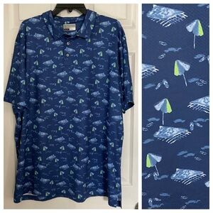 PGA Tour Athletic Fit Blue At the Beach Print Short Sleeve Performance Golf Polo